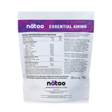 Etichetta posteriore Nätoo Essential Amino gusto Passion Fruit 420g con tabella nutrizionale: EAA/BCAA full spectrum 6950mg, Amino Boost Complex (Glutammina, Citrullina Malato, Taurina), Vitamina C 200mg, B6 5mg, B12 5µg, enzimi digestivi Bromelina e Papaina