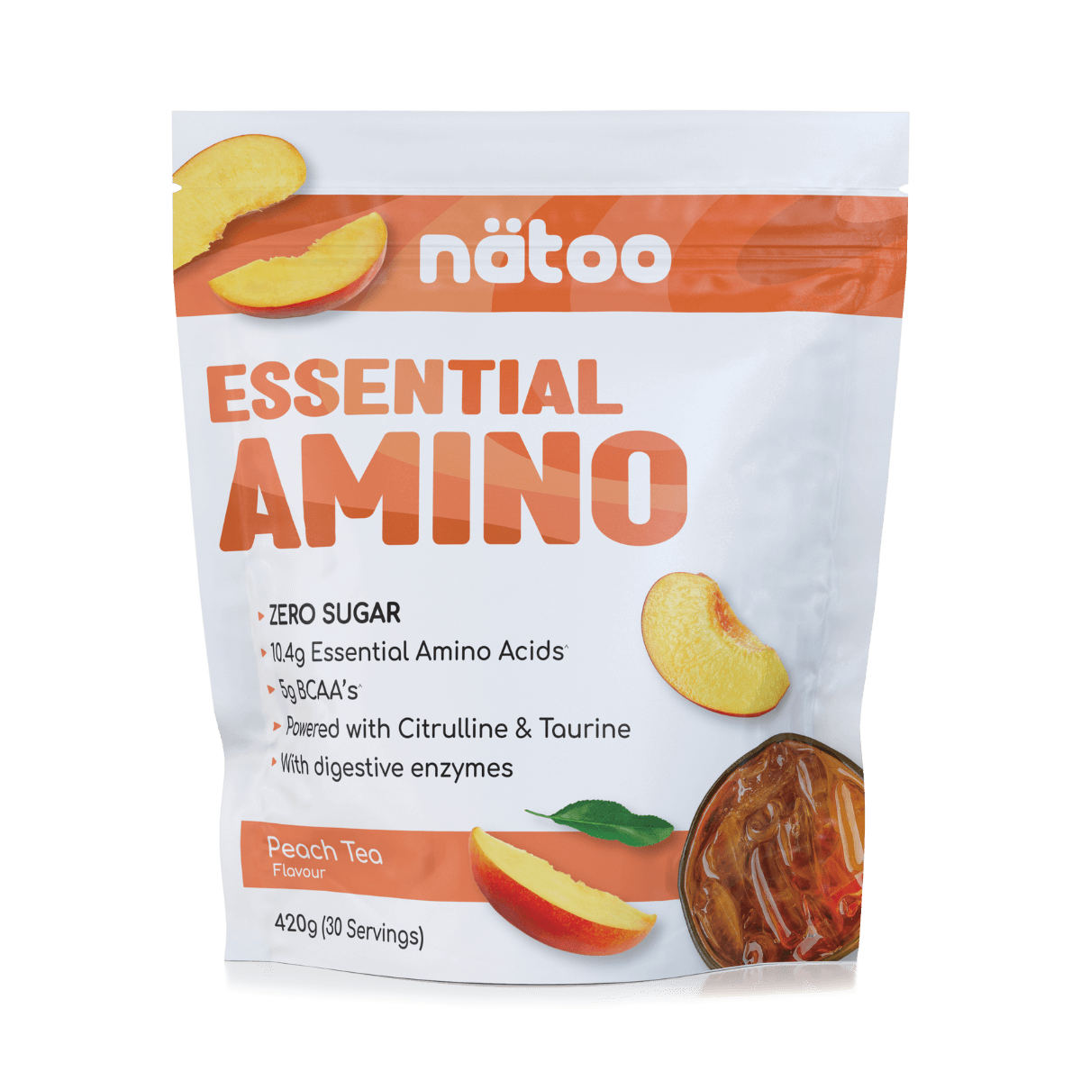 Confezione Nätoo Essential Amino gusto Peach Tea formato 420g (30 porzioni) – integratore di aminoacidi essenziali EAA e BCAA 2:1:1, zero zuccheri, con Glutammina, Citrullina e Taurina ed enzimi digestivi