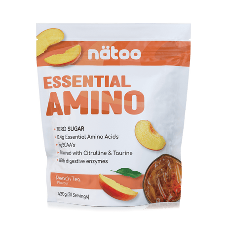 Confezione Nätoo Essential Amino gusto Peach Tea formato 420g (30 porzioni) – integratore di aminoacidi essenziali EAA e BCAA 2:1:1, zero zuccheri, con Glutammina, Citrullina e Taurina ed enzimi digestivi