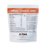 Etichetta posteriore Nätoo Essential Amino gusto Peach Tea 420g con tabella nutrizionale: EAA/BCAA full spectrum 6950mg, Amino Boost Complex (Glutammina, Citrullina Malato, Taurina), Vitamina C 200mg, B6 5mg, B12 5µg, enzimi digestivi Bromelina e Papaina