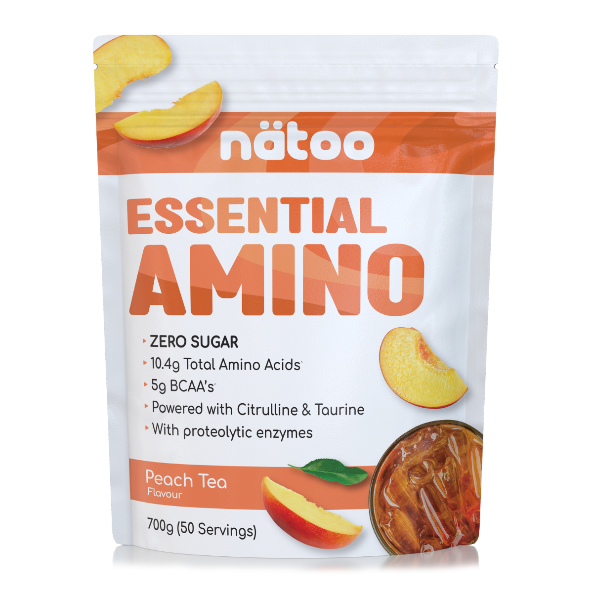 Confezione Nätoo Essential Amino gusto Peach Tea formato 700g (50 porzioni) – integratore di aminoacidi essenziali EAA e BCAA 2:1:1, zero zuccheri, con Glutammina, Citrullina e Taurina ed enzimi digestivi