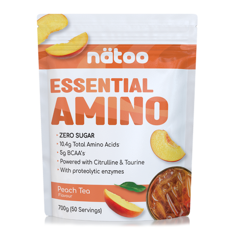 Confezione Nätoo Essential Amino gusto Peach Tea formato 700g (50 porzioni) – integratore di aminoacidi essenziali EAA e BCAA 2:1:1, zero zuccheri, con Glutammina, Citrullina e Taurina ed enzimi digestivi