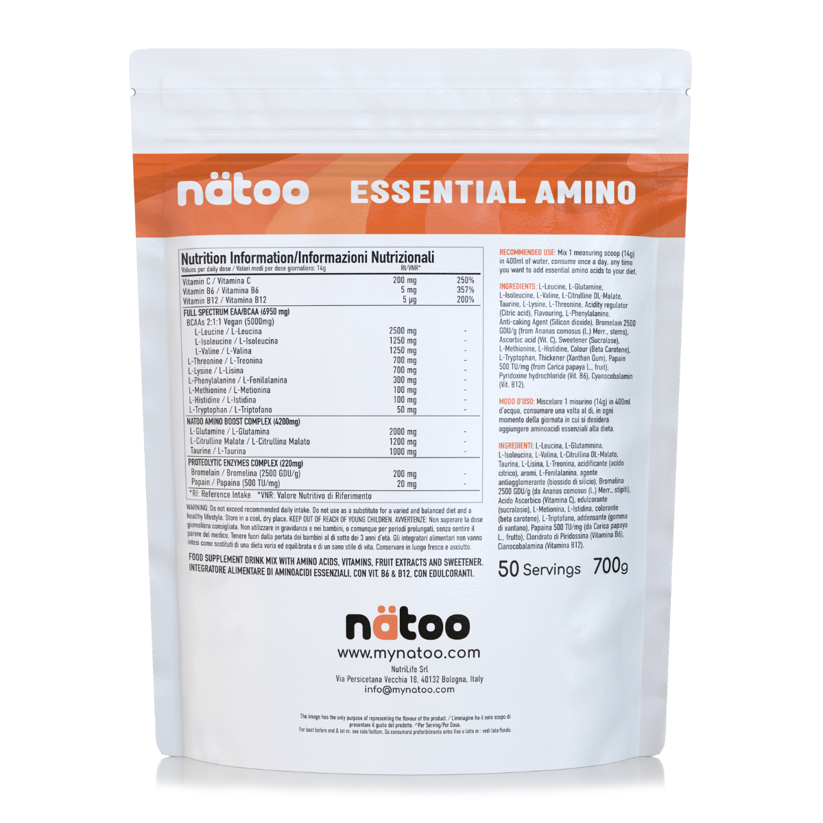Etichetta posteriore Nätoo Essential Amino gusto Peach Tea 700g con tabella nutrizionale: EAA/BCAA full spectrum 6950mg, Amino Boost Complex (Glutammina, Citrullina Malato, Taurina), Vitamina C 200mg, B6 5mg, B12 5µg, enzimi digestivi Bromelina e Papaina