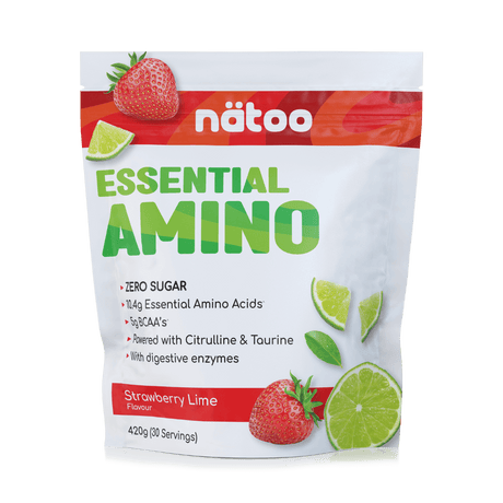 Confezione Nätoo Essential Amino gusto Strawberry Lime formato 420g (30 porzioni) – integratore di aminoacidi essenziali EAA e BCAA 2:1:1, zero zuccheri, con Glutammina, Citrullina e Taurina ed enzimi digestivi