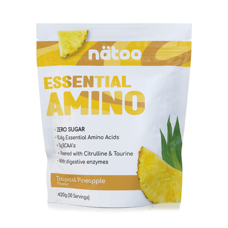 Confezione Nätoo Essential Amino gusto Tropical Pineapple formato 420g (30 porzioni) – integratore di aminoacidi essenziali EAA e BCAA 2:1:1, zero zuccheri, con Glutammina, Citrullina e Taurina ed enzimi digestivi