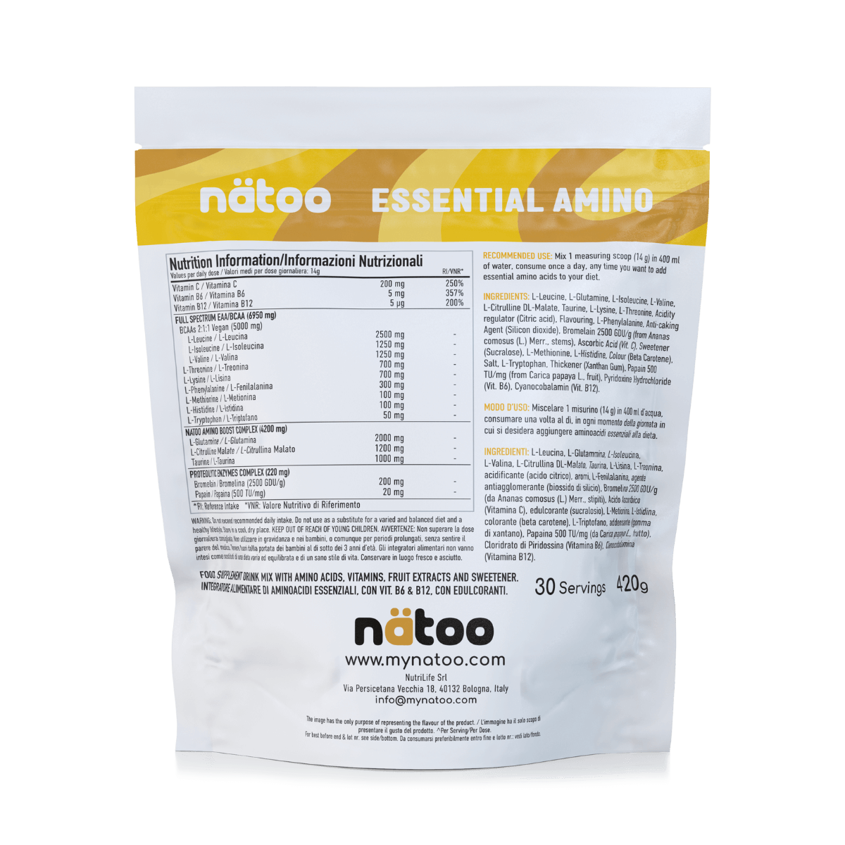 Etichetta posteriore Nätoo Essential Amino gusto Tropical Pineapple 420g con tabella nutrizionale: EAA/BCAA full spectrum 6950mg, Amino Boost Complex (Glutammina, Citrullina Malato, Taurina), Vitamina C 200mg, B6 5mg, B12 5µg, enzimi digestivi Bromelina e Papaina
