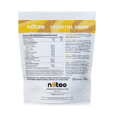 Etichetta posteriore Nätoo Essential Amino gusto Tropical Pineapple 420g con tabella nutrizionale: EAA/BCAA full spectrum 6950mg, Amino Boost Complex (Glutammina, Citrullina Malato, Taurina), Vitamina C 200mg, B6 5mg, B12 5µg, enzimi digestivi Bromelina e Papaina