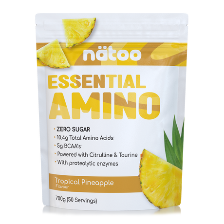 Confezione Nätoo Essential Amino gusto Tropical Pineapple formato 700g (50 porzioni) – integratore di aminoacidi essenziali EAA e BCAA 2:1:1, zero zuccheri, con Glutammina, Citrullina e Taurina ed enzimi digestivi
