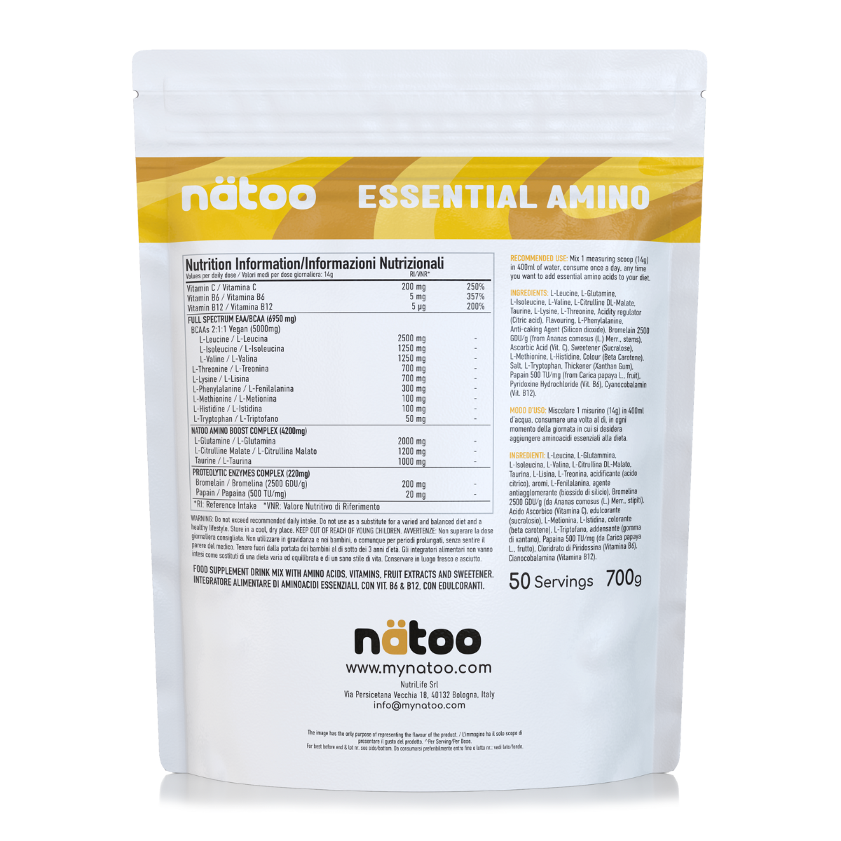 Etichetta posteriore Nätoo Essential Amino gusto Tropical Pineapple 700g con tabella nutrizionale: EAA/BCAA full spectrum 6950mg, Amino Boost Complex (Glutammina, Citrullina Malato, Taurina), Vitamina C 200mg, B6 5mg, B12 5µg, enzimi digestivi Bromelina e Papaina