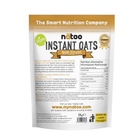 Etichetta posteriore Nätoo Instant Oats gusto Apple Strudel 1kg con tabella nutrizionale (372kcal, 12g proteine, 9,7g fibre per 100g), ingredienti e modalità d'uso