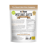 Etichetta posteriore Nätoo Instant Oats gusto Biscotti 1kg con tabella nutrizionale (372kcal, 12g proteine, 9,7g fibre per 100g), ingredienti e modalità d'uso