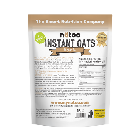 Etichetta posteriore Nätoo Instant Oats gusto Biscotti 1kg con tabella nutrizionale (372kcal, 12g proteine, 9,7g fibre per 100g), ingredienti e modalità d'uso