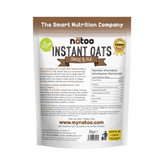 Etichetta posteriore Nätoo Instant Oats gusto Choco&Nut 1kg con tabella nutrizionale (372kcal, 12g proteine, 9,7g fibre per 100g), ingredienti e modalità d'uso