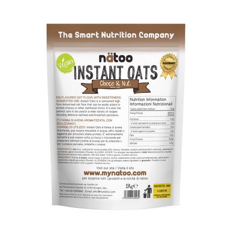 Etichetta posteriore Nätoo Instant Oats gusto Choco&Nut 1kg con tabella nutrizionale (372kcal, 12g proteine, 9,7g fibre per 100g), ingredienti e modalità d'uso