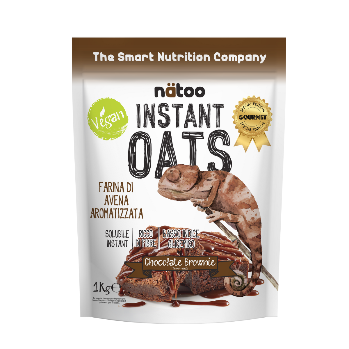 Confezione Nätoo Instant Oats farina d'avena istantanea gusto Chocolate Brownie 1kg – farina d'avena gourmet ricca di fibre e beta-glucani, basso indice glicemico, vegan
