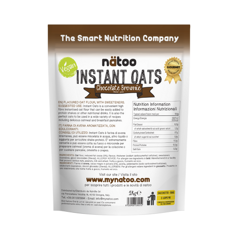 Etichetta posteriore Nätoo Instant Oats gusto Chocolate Brownie 1kg con tabella nutrizionale (372kcal, 12g proteine, 9,7g fibre per 100g), ingredienti e modalità d'uso