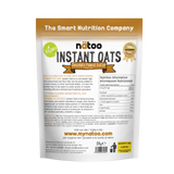 Etichetta posteriore Nätoo Instant Oats gusto Chocolate Peanut 1kg con tabella nutrizionale (372kcal, 12g proteine, 9,7g fibre per 100g), ingredienti e modalità d'uso