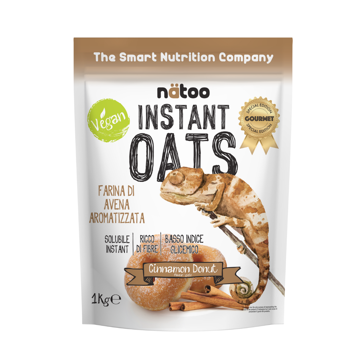 Confezione Nätoo Instant Oats farina d'avena istantanea gusto Cinnamon Donut
 1kg – farina d'avena gourmet ricca di fibre e beta-glucani, basso indice glicemico, vegan