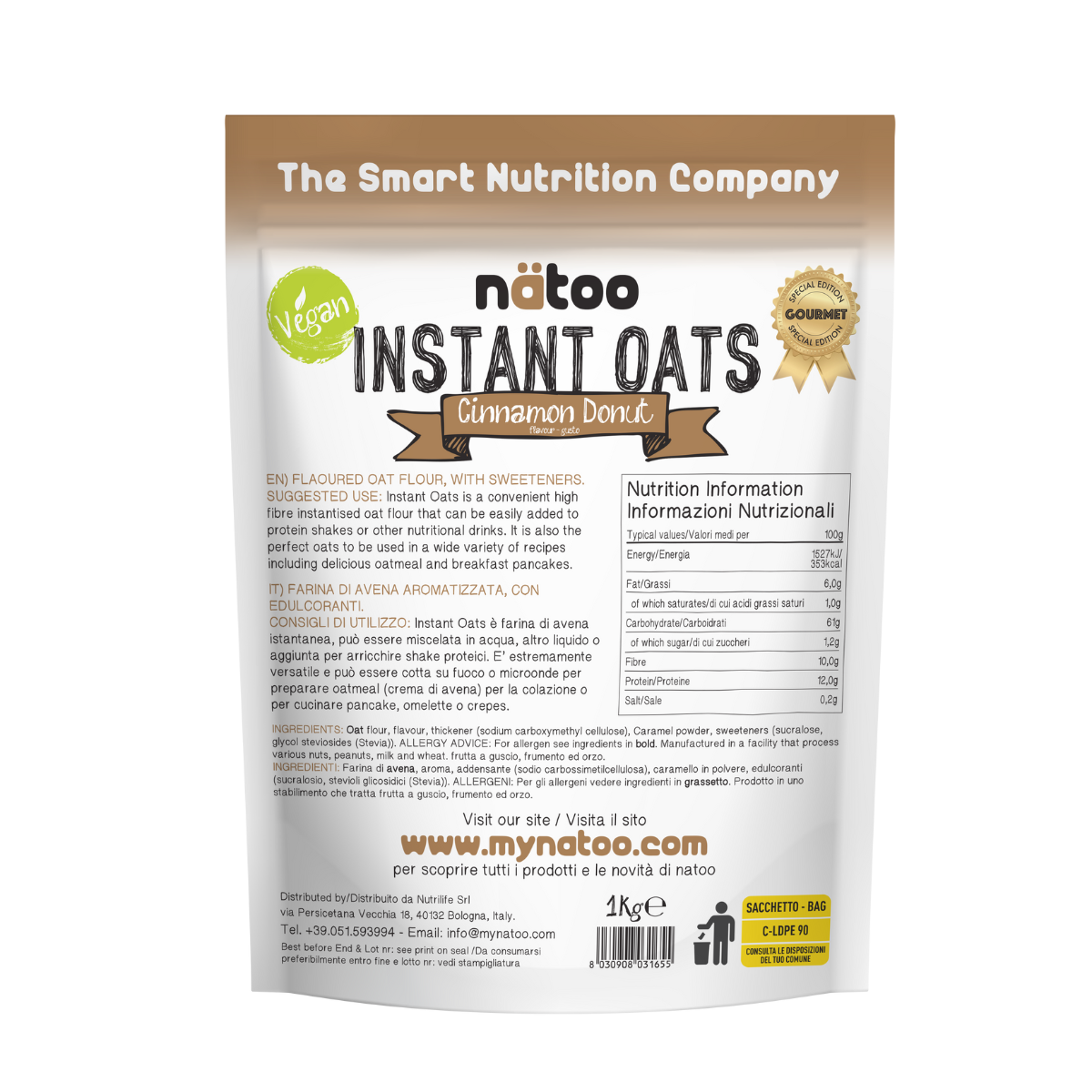 Etichetta posteriore Nätoo Instant Oats gusto Cinnamon Donut 1kg con tabella nutrizionale (372kcal, 12g proteine, 9,7g fibre per 100g), ingredienti e modalità d'uso