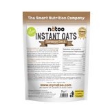 Etichetta posteriore Nätoo Instant Oats gusto Cinnamon Donut 1kg con tabella nutrizionale (372kcal, 12g proteine, 9,7g fibre per 100g), ingredienti e modalità d'uso