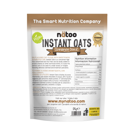 Etichetta posteriore Nätoo Instant Oats gusto Cinnamon Donut 1kg con tabella nutrizionale (372kcal, 12g proteine, 9,7g fibre per 100g), ingredienti e modalità d'uso
