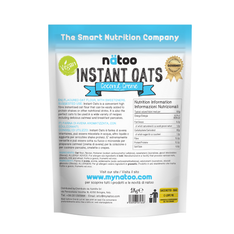 Etichetta posteriore Nätoo Instant Oats gusto Coconut Creme 1kg con tabella nutrizionale (372kcal, 12g proteine, 9,7g fibre per 100g), ingredienti e modalità d'uso
