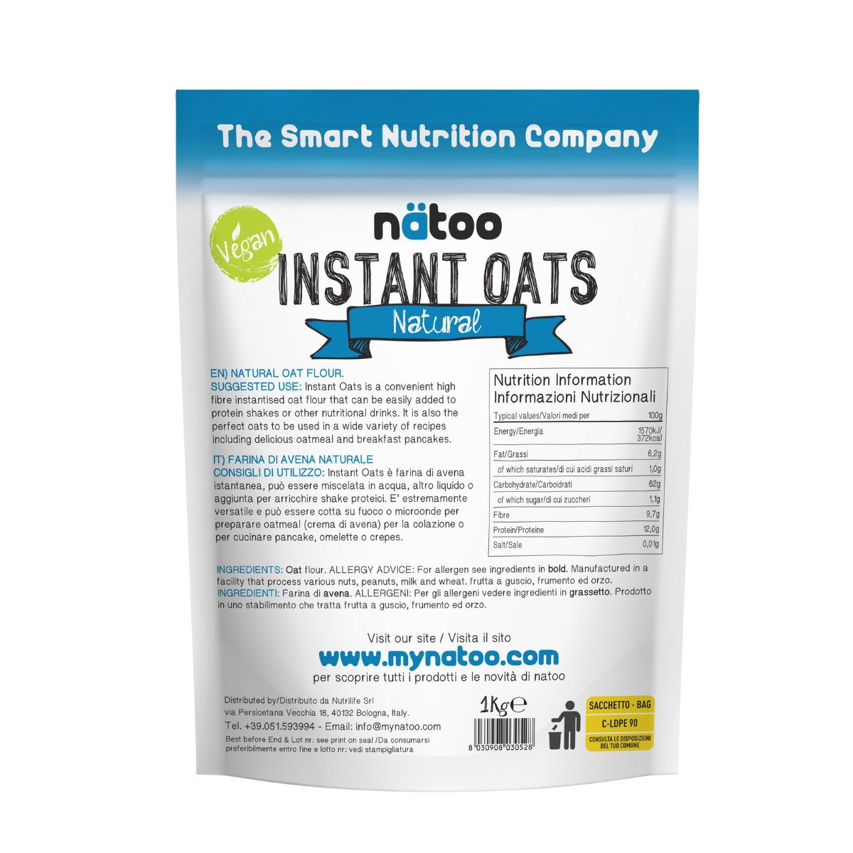 Etichetta posteriore Nätoo Instant Oats gusto Neutro 1kg con tabella nutrizionale (372kcal, 12g proteine, 9,7g fibre per 100g), ingredienti e modalità d'uso