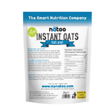 Etichetta posteriore Nätoo Instant Oats gusto Neutro 1kg con tabella nutrizionale (372kcal, 12g proteine, 9,7g fibre per 100g), ingredienti e modalità d'uso