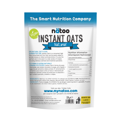 Etichetta posteriore Nätoo Instant Oats gusto Neutro 1kg con tabella nutrizionale (372kcal, 12g proteine, 9,7g fibre per 100g), ingredienti e modalità d'uso