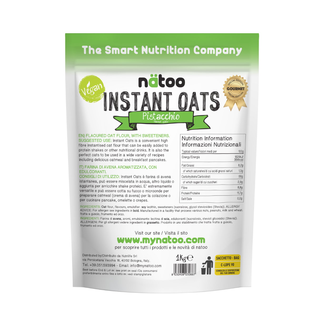 Etichetta posteriore Nätoo Instant Oats gusto Pistacchio 1kg con tabella nutrizionale (372kcal, 12g proteine, 9,7g fibre per 100g), ingredienti e modalità d'uso