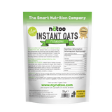 Etichetta posteriore Nätoo Instant Oats gusto Pistacchio 1kg con tabella nutrizionale (372kcal, 12g proteine, 9,7g fibre per 100g), ingredienti e modalità d'uso