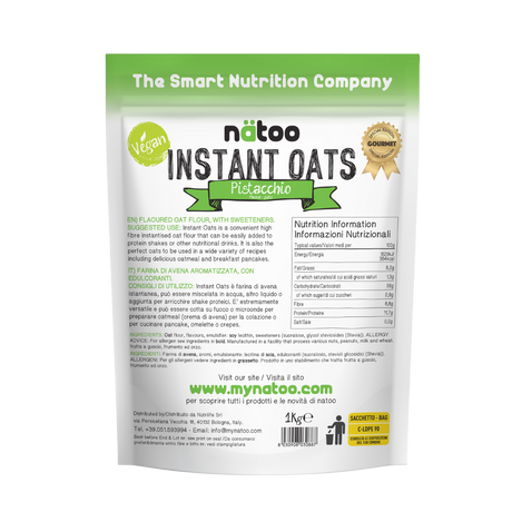 Etichetta posteriore Nätoo Instant Oats gusto Pistacchio 1kg con tabella nutrizionale (372kcal, 12g proteine, 9,7g fibre per 100g), ingredienti e modalità d'uso