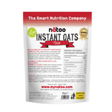 Etichetta posteriore Nätoo Instant Oats gusto Pizza 1kg con tabella nutrizionale (372kcal, 12g proteine, 9,7g fibre per 100g), ingredienti e modalità d'uso