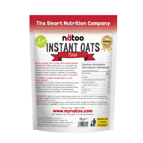 Etichetta posteriore Nätoo Instant Oats gusto Pizza 1kg con tabella nutrizionale (372kcal, 12g proteine, 9,7g fibre per 100g), ingredienti e modalità d'uso