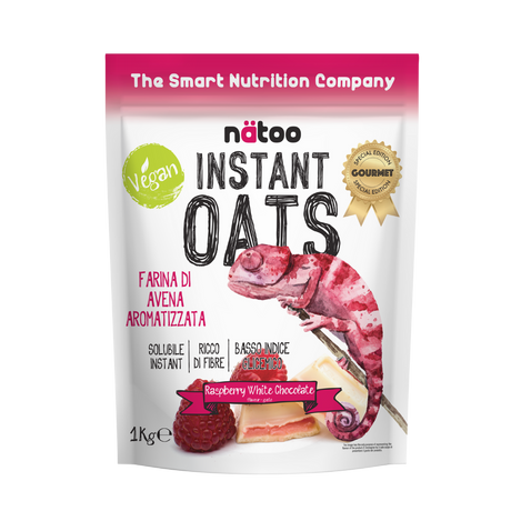 Confezione Nätoo Instant Oats farina d'avena istantanea gusto Raspberry White Chocolate 1kg – farina d'avena gourmet ricca di fibre e beta-glucani, basso indice glicemico, vegan