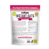 Etichetta posteriore Nätoo Instant Oats gusto Raspberry White Chocolate 1kg con tabella nutrizionale (372kcal, 12g proteine, 9,7g fibre per 100g), ingredienti e modalità d'uso