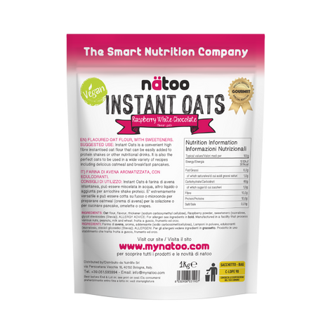Etichetta posteriore Nätoo Instant Oats gusto Raspberry White Chocolate 1kg con tabella nutrizionale (372kcal, 12g proteine, 9,7g fibre per 100g), ingredienti e modalità d'uso