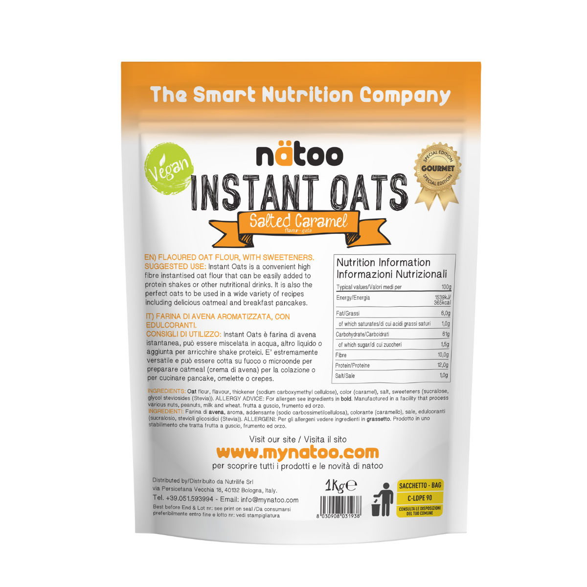 Etichetta posteriore Nätoo Instant Oats gusto Salted Caramel 1kg con tabella nutrizionale (372kcal, 12g proteine, 9,7g fibre per 100g), ingredienti e modalità d'uso