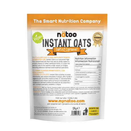 Etichetta posteriore Nätoo Instant Oats gusto Salted Caramel 1kg con tabella nutrizionale (372kcal, 12g proteine, 9,7g fibre per 100g), ingredienti e modalità d'uso