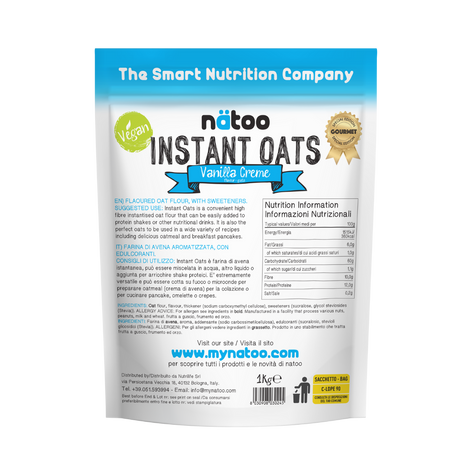 Etichetta posteriore Nätoo Instant Oats gusto Vanilla Creme 1kg con tabella nutrizionale (372kcal, 12g proteine, 9,7g fibre per 100g), ingredienti e modalità d'uso