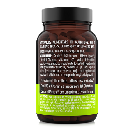 Etichetta laterale destra Nätoo Glutatione Complex con ingredienti, modo d'uso e capsule DRcaps® acido-resistenti per ottimale assimilazione
