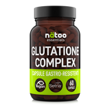 Barattolo in vetro Nätoo Glutatione Complex Essentials – Setria® Glutatione 250mg, NAC 250mg, Vitamina C 160mg, 60 capsule vegane DRcaps® gastro-resistenti, vista frontale