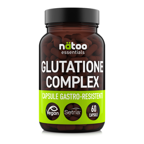 Barattolo in vetro Nätoo Glutatione Complex Essentials – Setria® Glutatione 250mg, NAC 250mg, Vitamina C 160mg, 60 capsule vegane DRcaps® gastro-resistenti, vista frontale