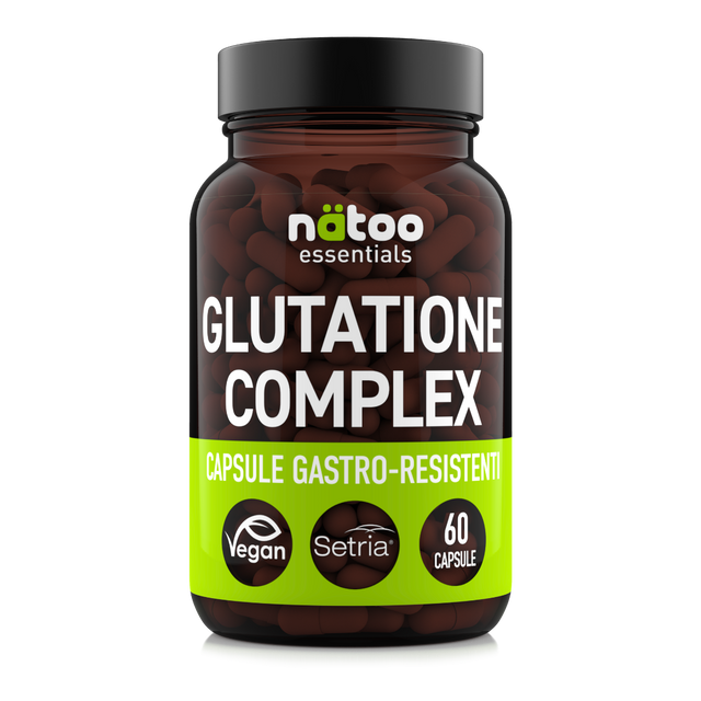 Barattolo in vetro Nätoo Glutatione Complex Essentials – Setria® Glutatione 250mg, NAC 250mg, Vitamina C 160mg, 60 capsule vegane DRcaps® gastro-resistenti, vista frontale