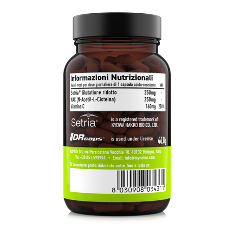Etichetta laterale sinistra Nätoo Glutatione Complex con tabella nutrizionale: Setria® Glutatione ridotto, NAC e Vitamina C 200% VNR, marchi Kyowa e DRcaps®