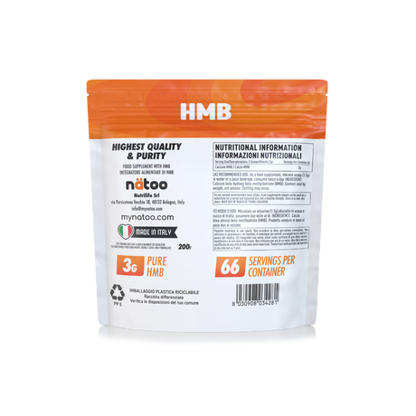 Retro busta Nätoo HMB 200g con tabella nutrizionale: 3g di Calcio HMB per dose giornaliera (2 misurini), 66 giorni di integrazione, ingrediente e modo d'uso
