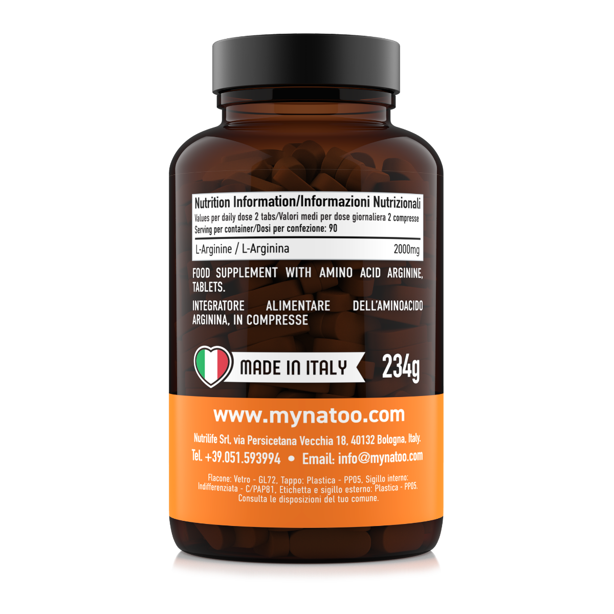 Etichetta laterale sinistra Nätoo Arginina 180 compresse con tabella nutrizionale: 2000mg di L-Arginina per dose giornaliera di 2 compresse