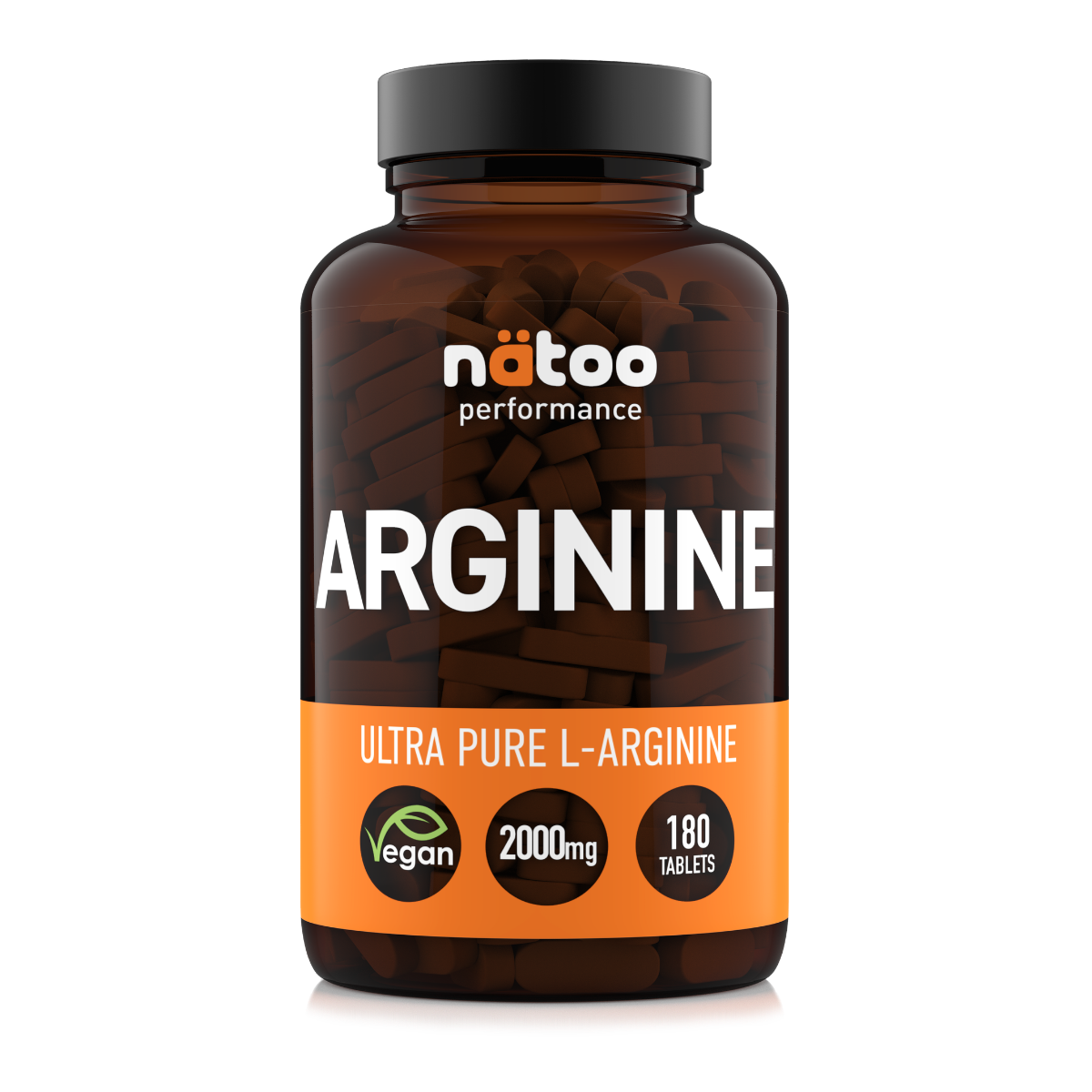 Barattolo in vetro Nätoo Arginine Ultra Pure L-Arginina 2000mg – 180 compresse vegane Made in Italy, vista frontale