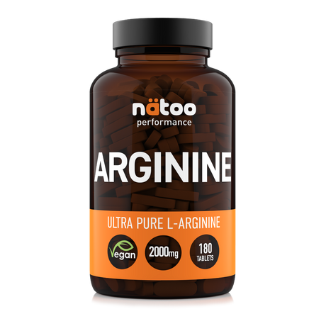 Barattolo in vetro Nätoo Arginine Ultra Pure L-Arginina 2000mg – 180 compresse vegane Made in Italy, vista frontale