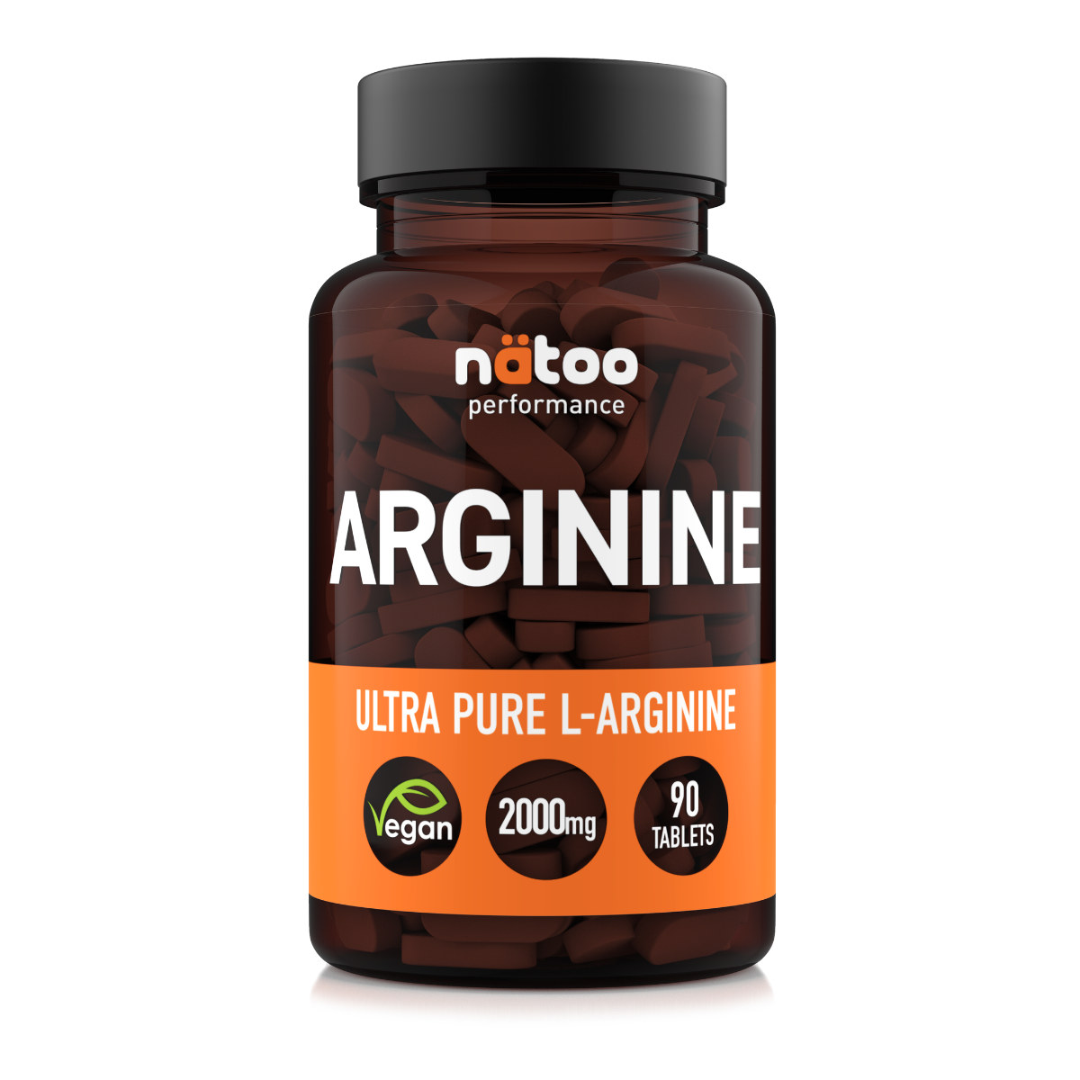Barattolo in vetro Nätoo Arginine Ultra Pure L-Arginina 2000mg – 90 compresse vegane Made in Italy, vista frontale